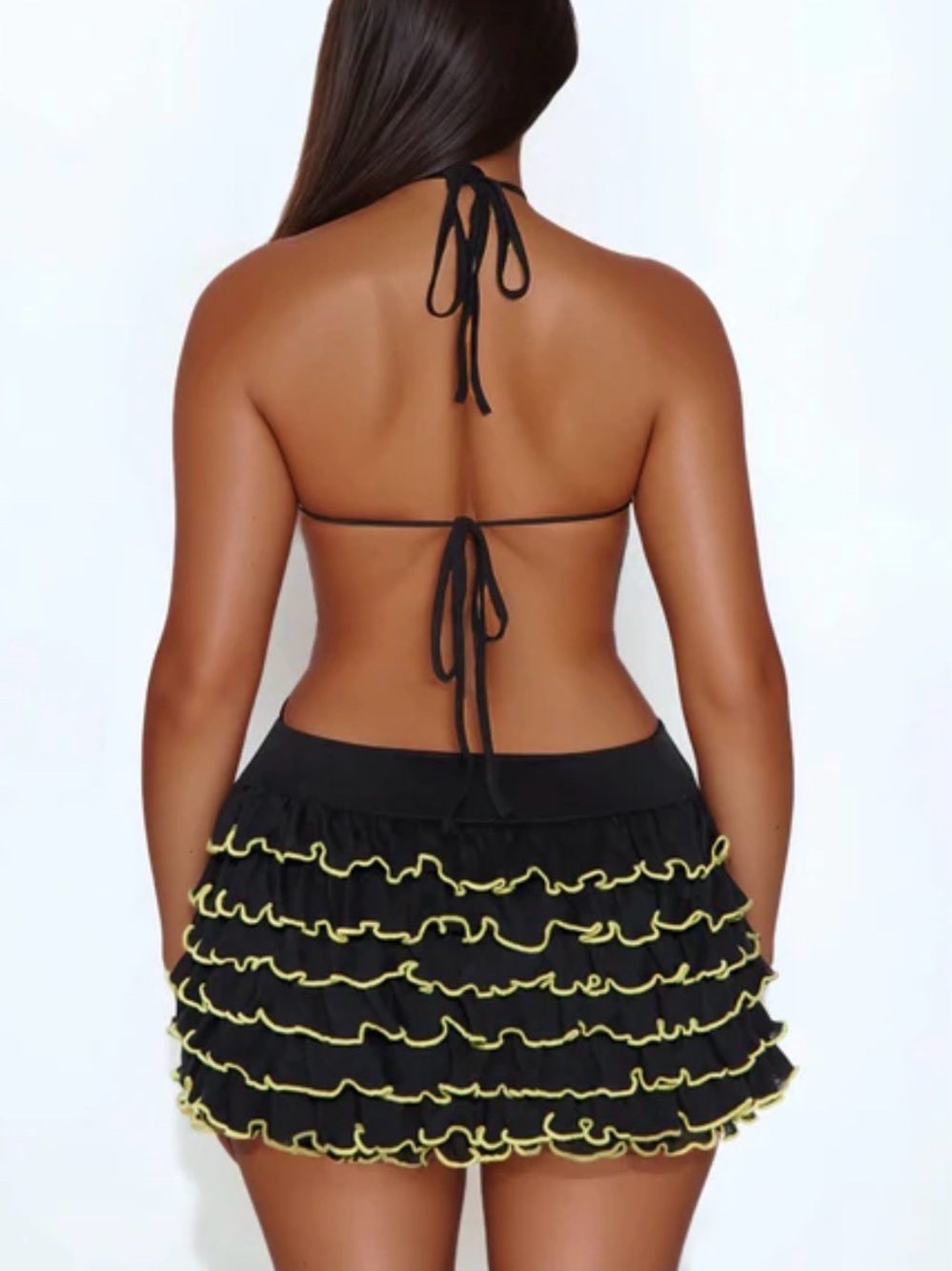 Fashion Nova Black Ruffled Swim Skirt with Yellow Trim